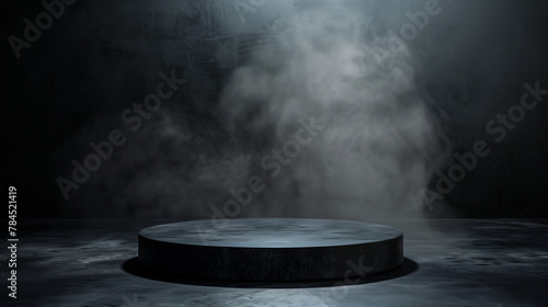 Black podium, black smoke, product platform background, abstract stage, surface, fog, spotlight, black floor podium