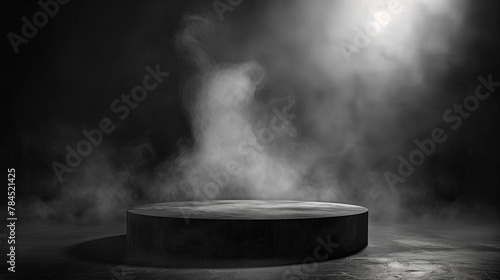 Black podium, black smoke, product platform background, abstract stage, surface, fog, spotlight, black floor podium