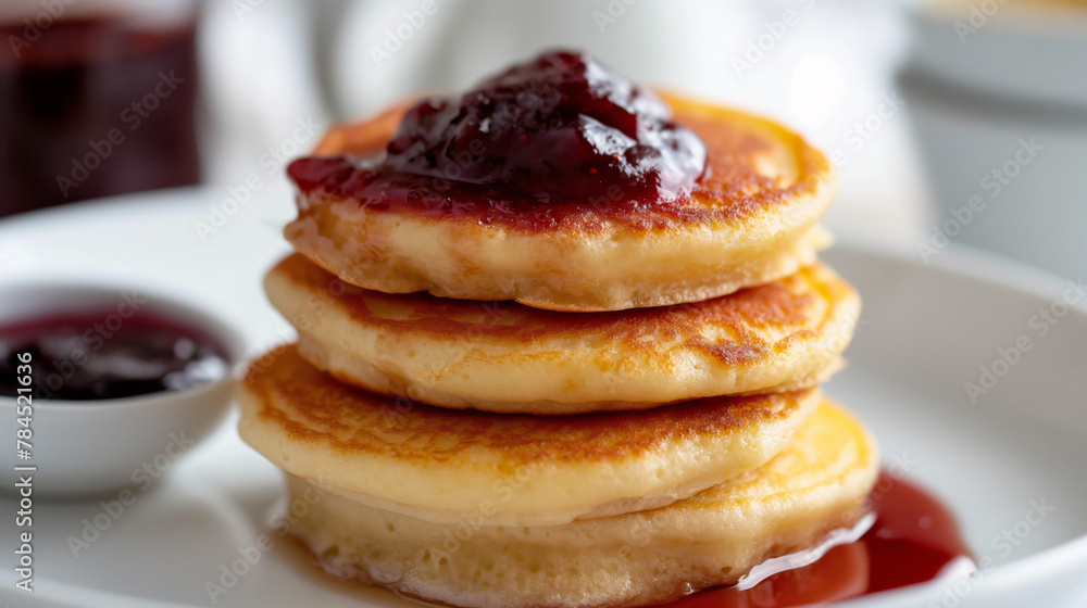 A stack of morning pancakes with berry jam on a plate, a delicious and favorite breakfast.