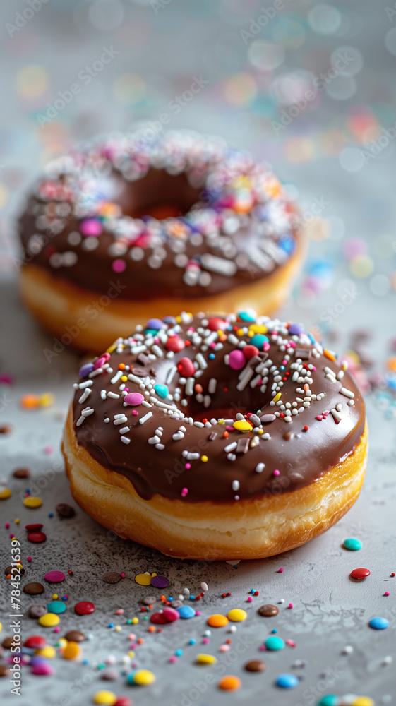 Chocolate Donuts On a white table with colorful paper scattered all over the picture Chocolate Donuts On a white table with colorful paper scattered all over the picture