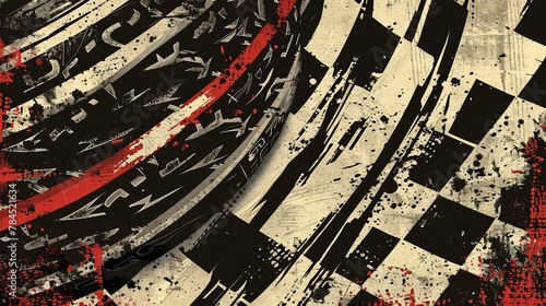 A grunge race flag and tire track with checker marks pattern are featured on a vector background, perfect for themes related to car racing, karting, rally motorsport, and motocross events