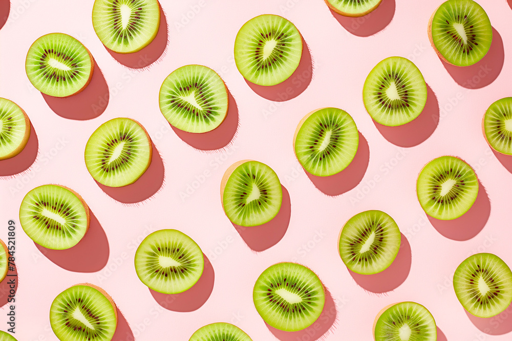 Fototapeta premium healthy and fresh green kiwi fruit seamless background, kiwis cutted or sliced, top view, isolated