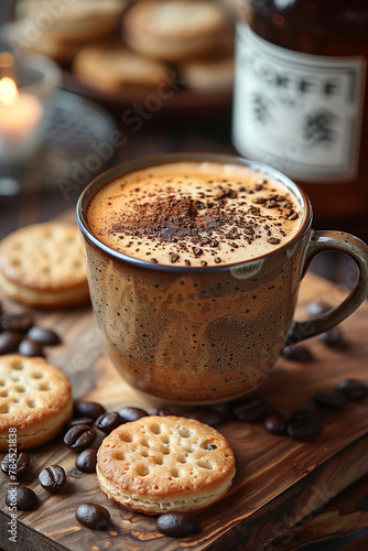A cup of coffee made by grinding  coffee beans is placed on the workbench  coffee shop