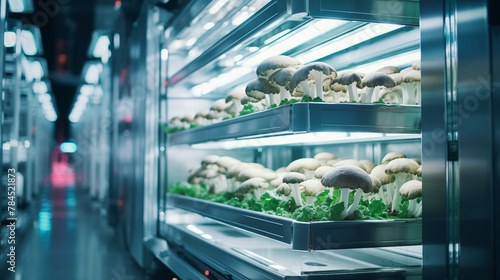 Sustainable solutions for urban agriculture. The impact of vertical farming and hydroponic technology. Organic mushrooms growing on modern mushroom farm with smart technologies. high - tech greenhouse