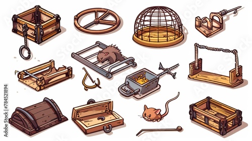 A set of animal traps, including a mouse trap and a bear trap, illustrated in a cartoon style for concepts related to hunting and animal cruelty photo