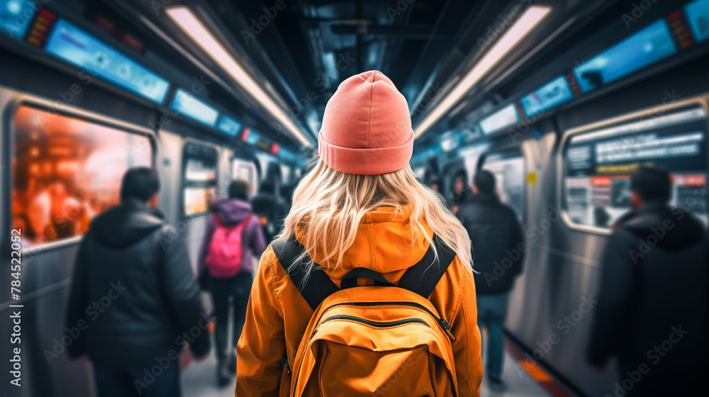 Back view of young woman with backpack on her back waiting the train at platform of subway station. Travel and vacation concept Back view of young woman with backpack on her back waiting the train at platform of subway station. Travel and vacation concept