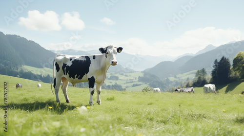 Cow on the background of sky, green grass, mountain. Dairy  cow in a meadow. 
