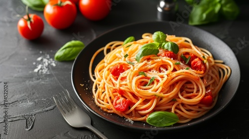 Italian food. spaghetti pasta in black plate on dark background