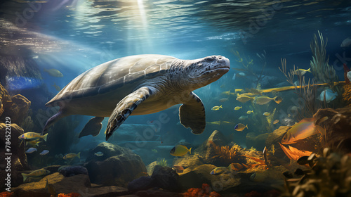 Underwater coral reef with colorful fish and turtle marine life. Underwater world. Turtle and corals. Tropical underwater turtle theme near the reef