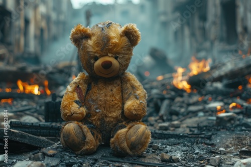 A teddy bear over the city burned in the aftermath