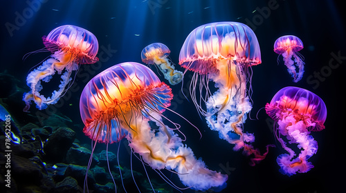 Jellyfish underwater, Jellyfish moving in water. Colorful jellyfish floating in water. Life of the underwater world  © Anthichada