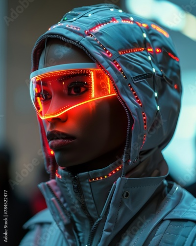 Cybernetic fashion runway, models showcasing NexGen tech wear, interactive textiles  photo