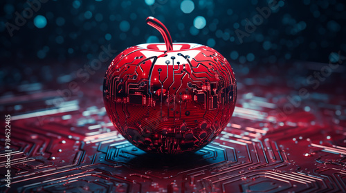 Apple with circuit board. Futuristic red apple fruit with circuit big data technology photo
