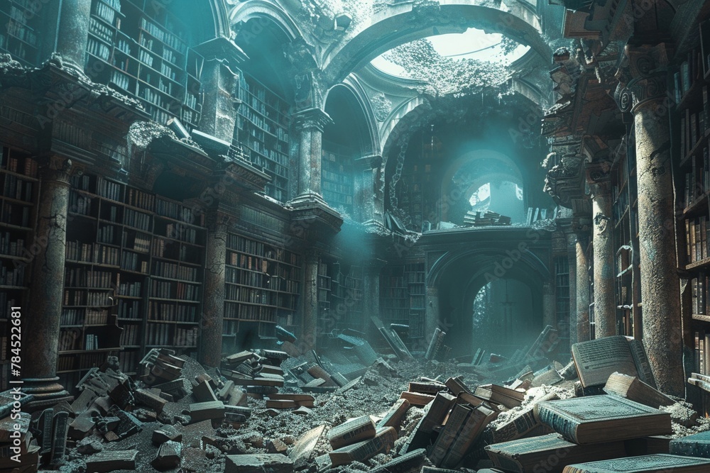 Post Apocalyptic library with digital tomes, holograms of ancient texts