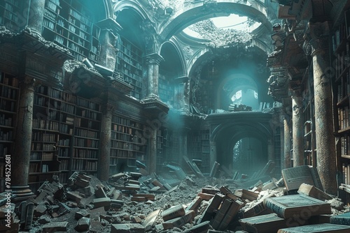 Post Apocalyptic library with digital tomes, holograms of ancient texts, amidst ruins 