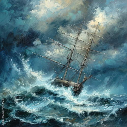 Boat in north sea, huge water waves, painting