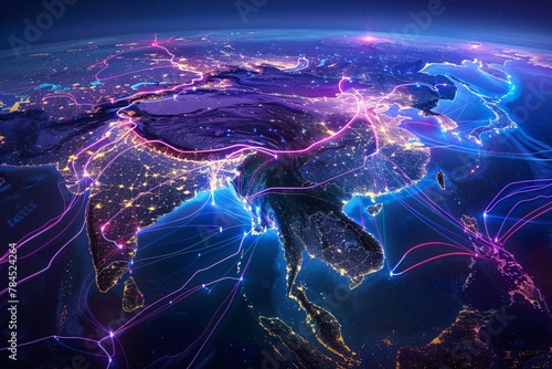 The Submarine Cable Map, seen from space, illustrates the connections of internet and communications around the globe.