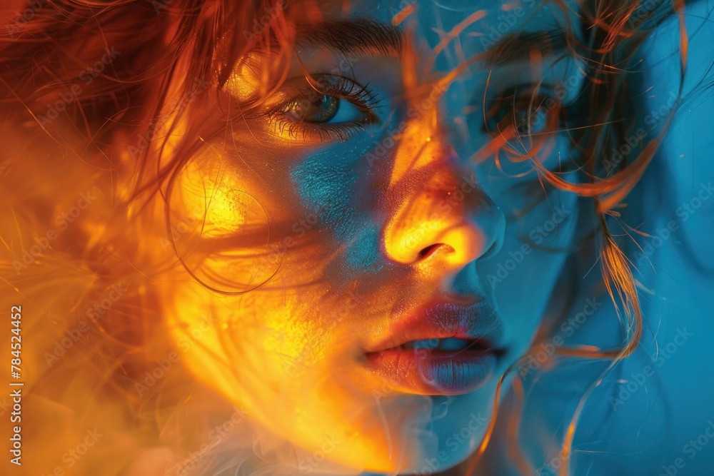 Portrait of a woman with swirling orange and blue smoke emanating from her hair and face in a mystical and enchanting display of colors