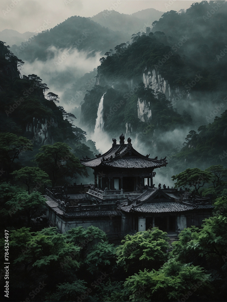 Majestic Pagoda and Bridge in the Foggy Mountains Majestic Pagoda and Bridge in the Foggy Mountains