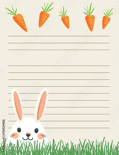 a piece of paper with lines on a pink background with a rabbit and a stamp photo