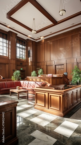 A Realistic and Detailed Interior of a Courtroom