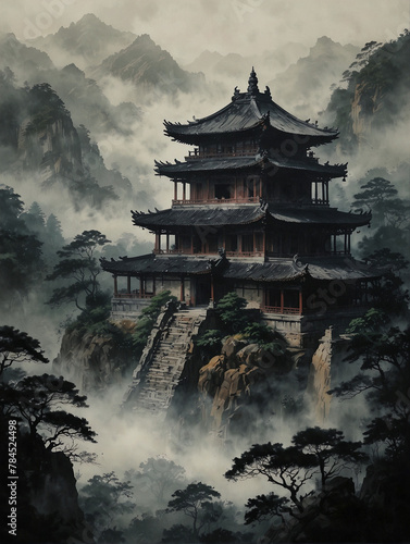 Majestic Pagoda and Bridge in the Foggy Mountains