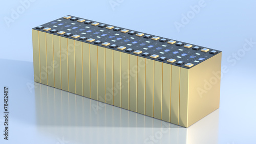 prismatic cells, rectangular lithium ion phosphate LFP battery's for modern electric vehicles and energy storage, 3d rendering © kittyfly
