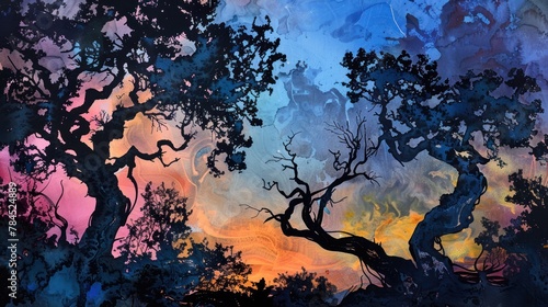 Colorful abstract painting of two dark trees against a bright orange and blue background. photo