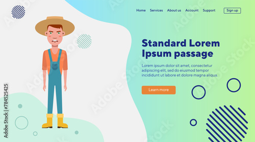 Angry gardener in straw hat flat vector illustration. Man disappointed with bad harvest. Gardening, agriculture, farm, occupation concept for web design, banner or landing page