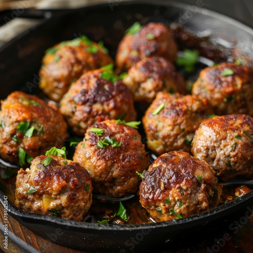 a pan of meatballs with herbs