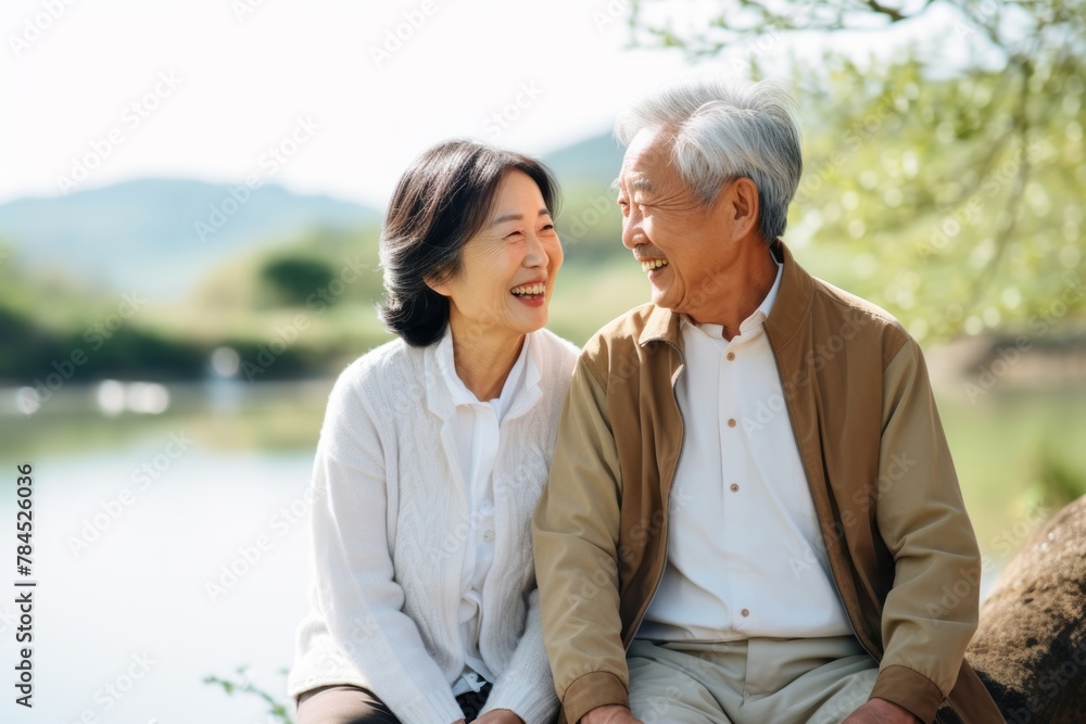Obraz premium Asian uncle and aunt as they share tender moments walking together on the beach, their love shining bright like the sun setting on the horizon.