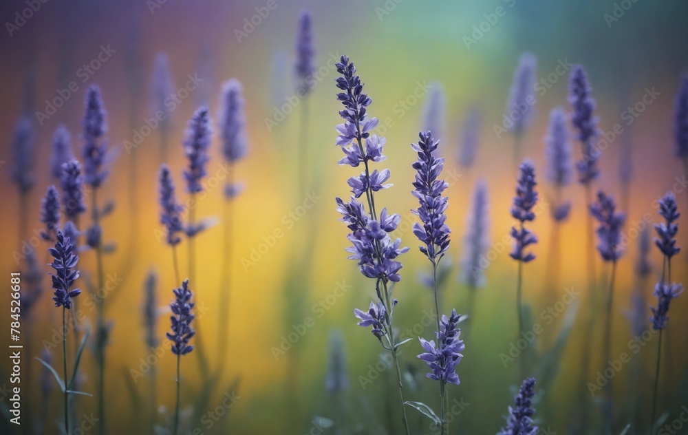 Fototapeta premium Purple flowers in a meadow at sunset, with violet petals and green grassland
