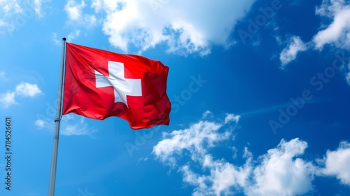 Swiss flag waving against blue sky, copy space photo