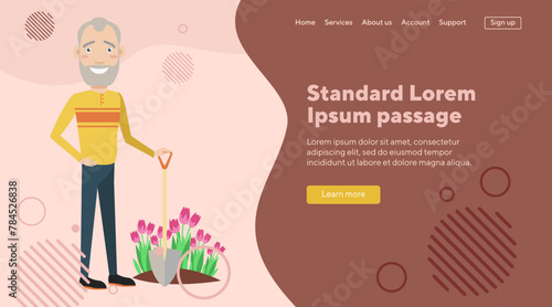 Senior man with shovel planting flowers. Pensioner spending his free time by gardening. Flat vector illustration. Retirement, pension, gardening concept for web design, banner, landing page
