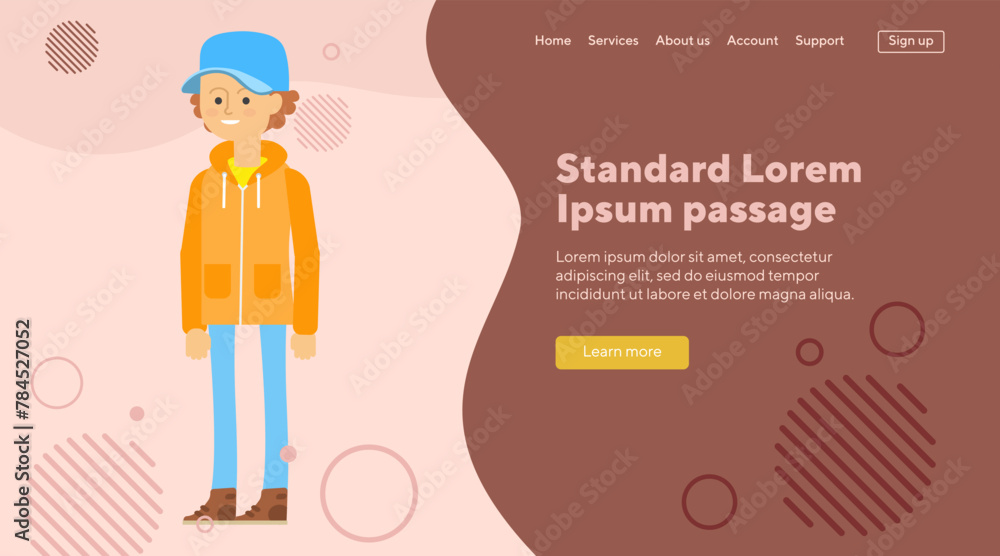 Teenager cartoon character in modern outfit. School boy in cap, jeans and hoodie. Flat vector illustration. Student life, individuality, school concept for banner, website design or landing page Teenager cartoon character in modern outfit. School boy in cap, jeans and hoodie. Flat vector illustration. Student life, individuality, school concept for banner, website design or landing page