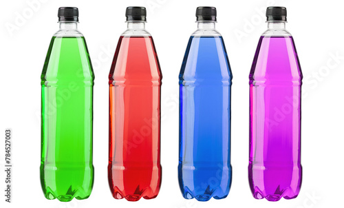 Energy drinks with different flavors isolated on white background. Plastics bottles with colorful liquid.