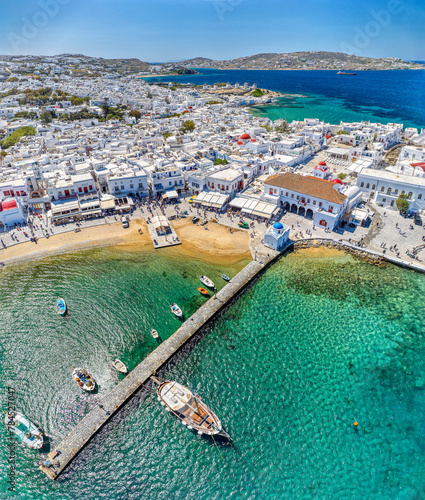 Mykonos town Chora aerial view of Town Hall, Agios Nikolaos church, Paraportiani church, Little Venice and Windmills