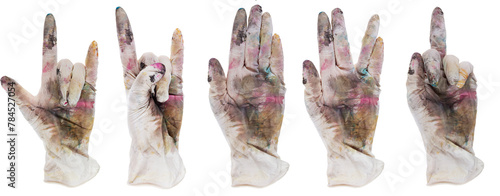 Various symbols with fingers, in a rubber glove. Isolated on white background