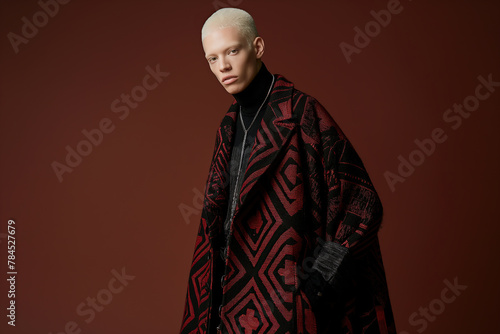 Portrait of fashionable afro-american young male model wearing designer clothing, posing over burgundy background. Fashion magazine style. Text space. Studio shot