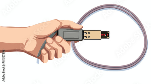 The hand holds a colorcoded Ethernet wire with an photo