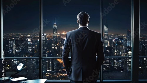 Back view of businessman suit standing at office looking at night city through panoramic window. Generative AI