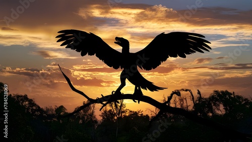silhouette of a vulture striking in jungle at sunset © Ahmed