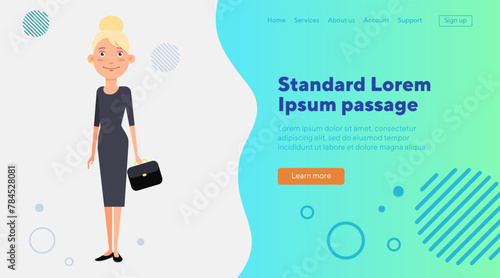 Stylish lady with briefcase flat vector illustration. Young businesswoman in black dress and with hairstyle. Lifestyle, business success concept for web design, banner or landing page