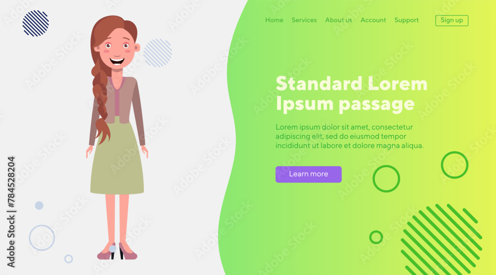 Stylish young woman with braided hair. Caucasian lady in skirt and heels. Flat vector illustration. Lifestyle, fashion cioncept for web design, banner or landing page Stylish young woman with braided hair. Caucasian lady in skirt and heels. Flat vector illustration. Lifestyle, fashion cioncept for web design, banner or landing page