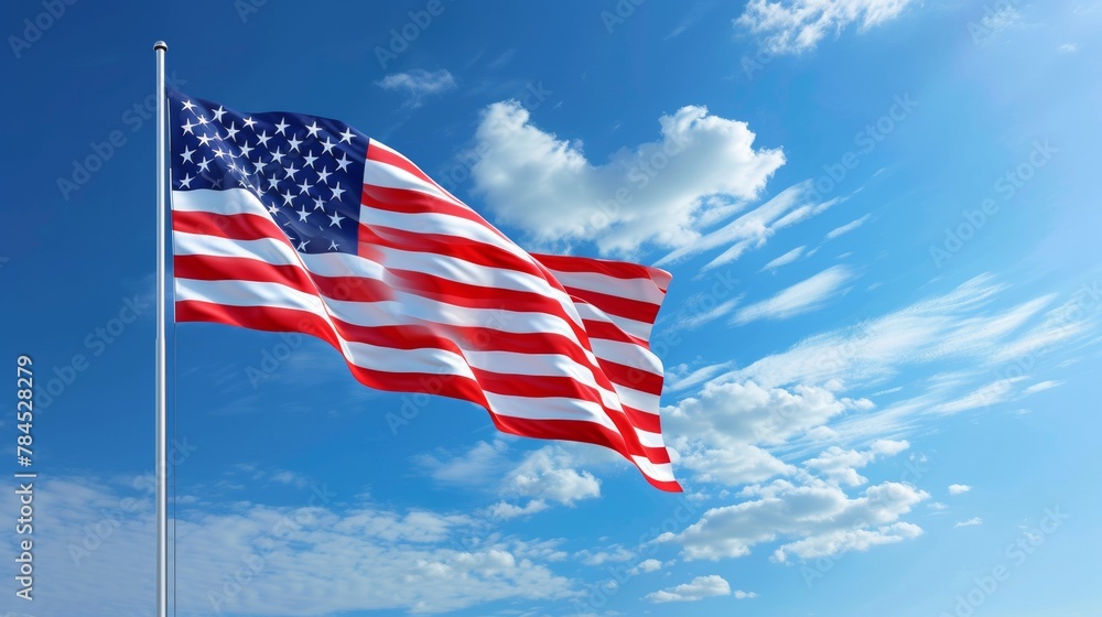 Fototapeta premium USA flag waving against blue sky