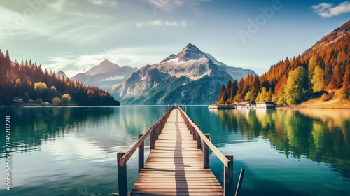Wooden pier on the Sils lake with yacht. Colorful morning view in Swiss Alps, Maloja pass, Upper Engadine in canton of the Grisons, Switzerland, Europe. Artistic style post processed photo. photo