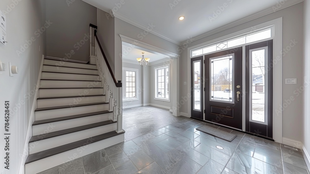 Φωτογραφία Contemporary home with minimal furnishings and decor light wood floor stairs white walls large windows with black frames and simple style