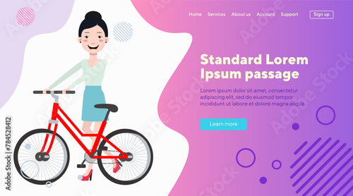Young woman with bicycle flat vector illustartion. Happy Asian girl riding bike. Cycling, sport, transport concept for web design, banner or landing page © PCH.Vector