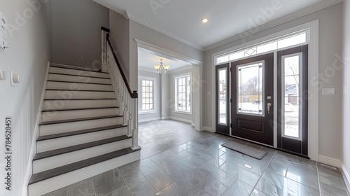 Contemporary home with minimal furnishings and decor light wood floor stairs white walls large windows with black frames and simple style.