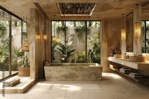 Luxurious modern bathroom with large tub and panoramic window overlooking pool and jungle